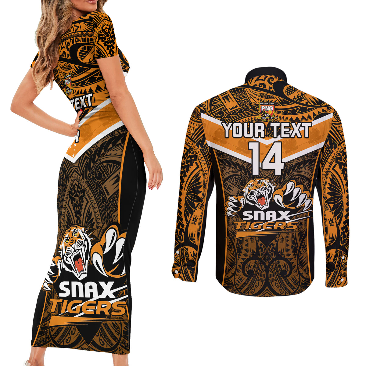 Custom Papua New Guinea Rugby Couples Matching Short Sleeve Bodycon Dress and Long Sleeve Button Shirts Lae Snax Tigers PNG Polynesian Pattern - Wonder Print Shop