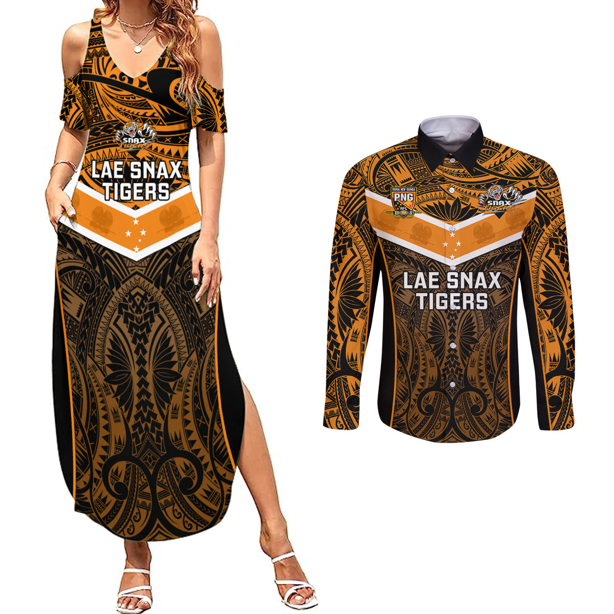 Custom Papua New Guinea Rugby Couples Matching Summer Maxi Dress and Long Sleeve Button Shirts Lae Snax Tigers PNG Polynesian Pattern - Wonder Print Shop