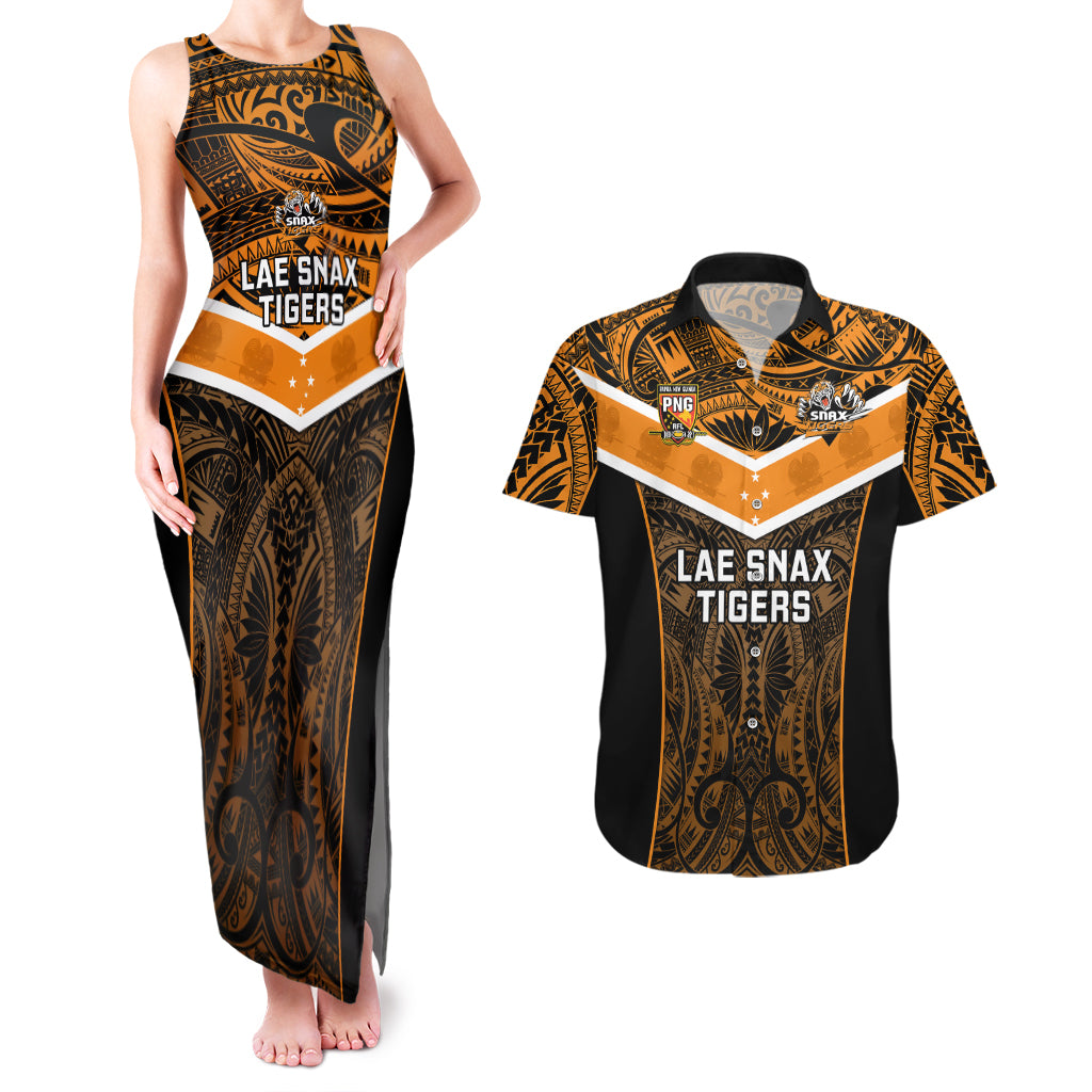 Custom Papua New Guinea Rugby Couples Matching Tank Maxi Dress And Hawaiian Shirt Lae Snax Tigers PNG Polynesian Pattern - Wonder Print Shop