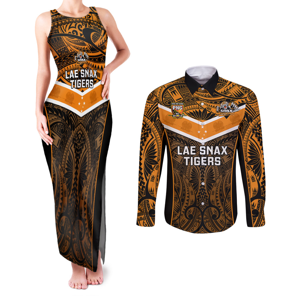 Custom Papua New Guinea Rugby Couples Matching Tank Maxi Dress and Long Sleeve Button Shirts Lae Snax Tigers PNG Polynesian Pattern - Wonder Print Shop