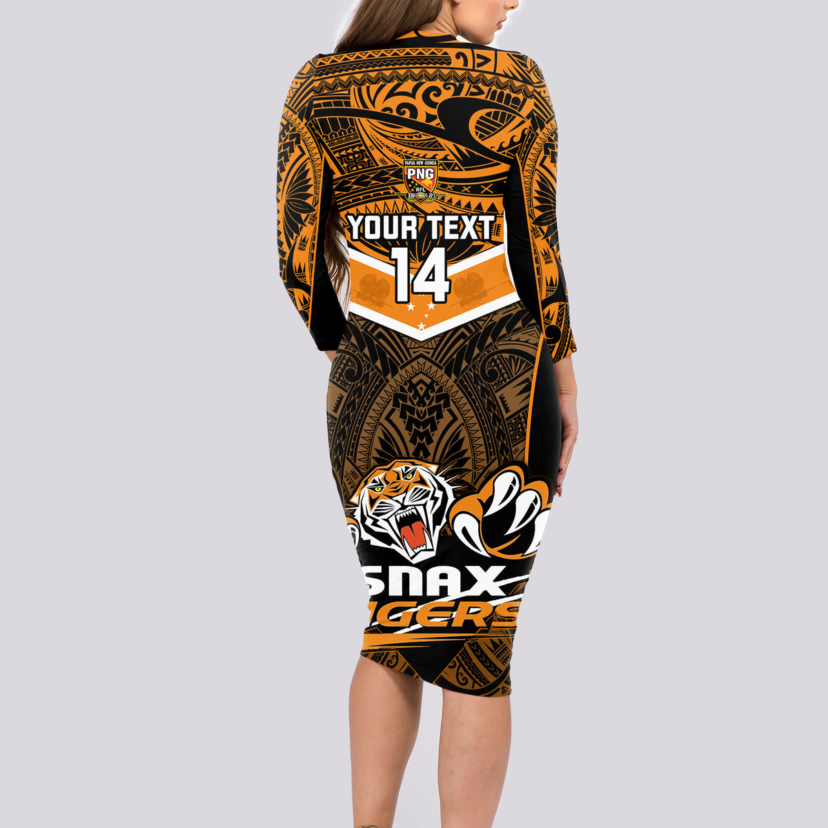 Custom Papua New Guinea Rugby Long Sleeve Bodycon Dress Lae Snax Tigers PNG Polynesian Pattern - Wonder Print Shop
