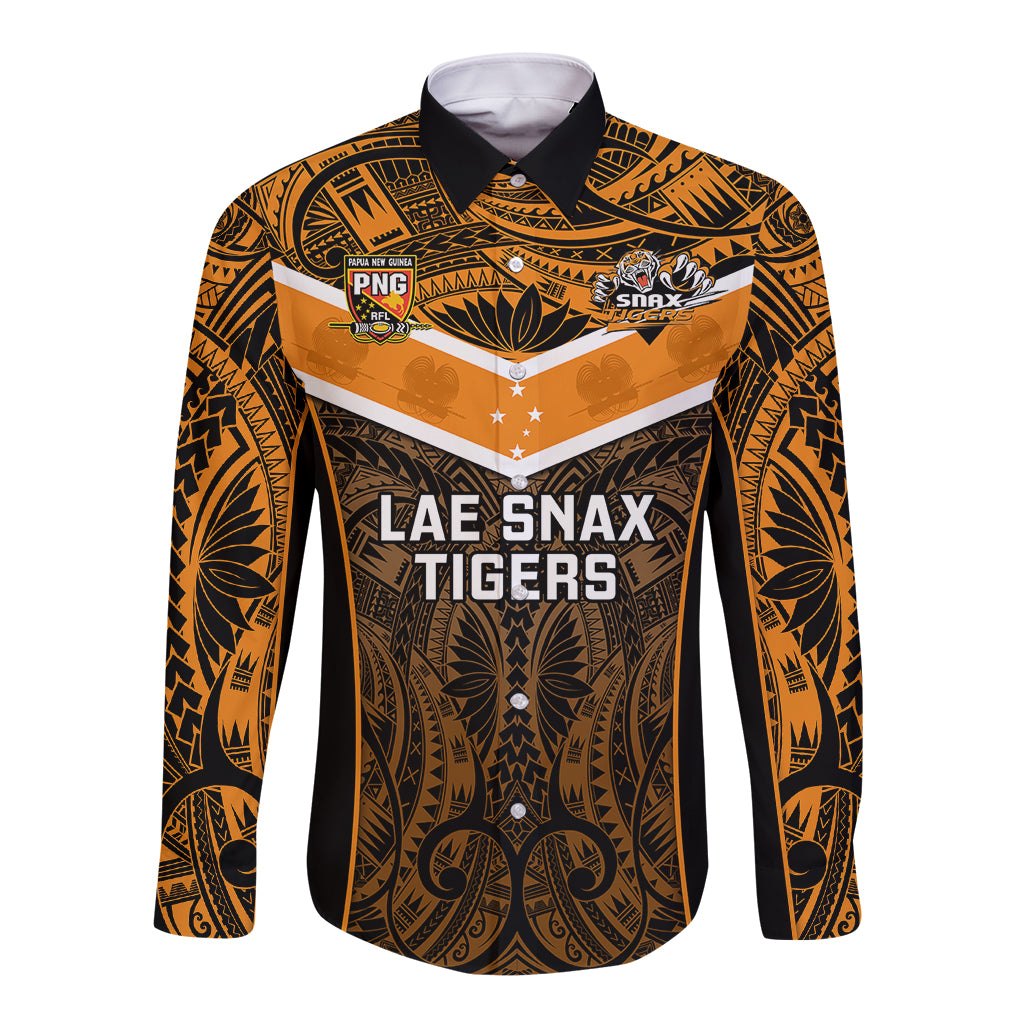 Custom Papua New Guinea Rugby Long Sleeve Button Shirt Lae Snax Tigers PNG Polynesian Pattern - Wonder Print Shop