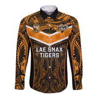 Custom Papua New Guinea Rugby Long Sleeve Button Shirt Lae Snax Tigers PNG Polynesian Pattern - Wonder Print Shop
