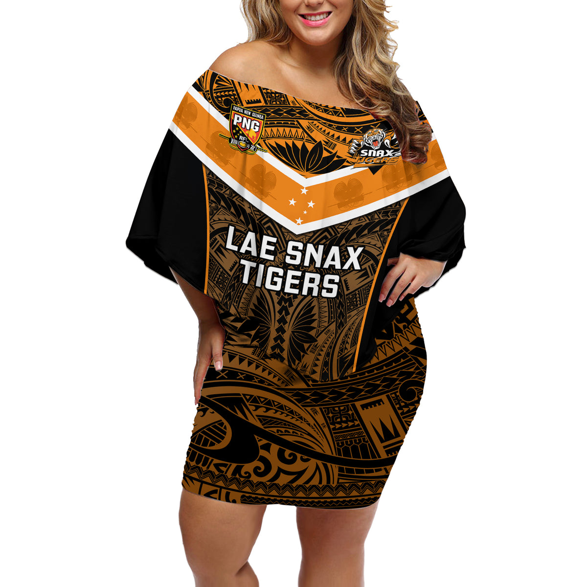 Custom Papua New Guinea Rugby Off Shoulder Short Dress Lae Snax Tigers PNG Polynesian Pattern - Wonder Print Shop