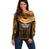 Custom Papua New Guinea Rugby Off Shoulder Sweater Lae Snax Tigers PNG Polynesian Pattern - Wonder Print Shop