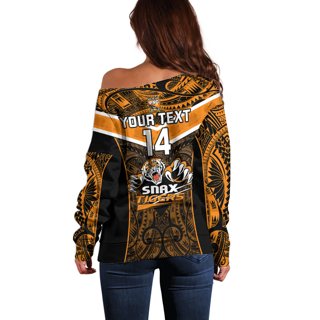 Custom Papua New Guinea Rugby Off Shoulder Sweater Lae Snax Tigers PNG Polynesian Pattern - Wonder Print Shop