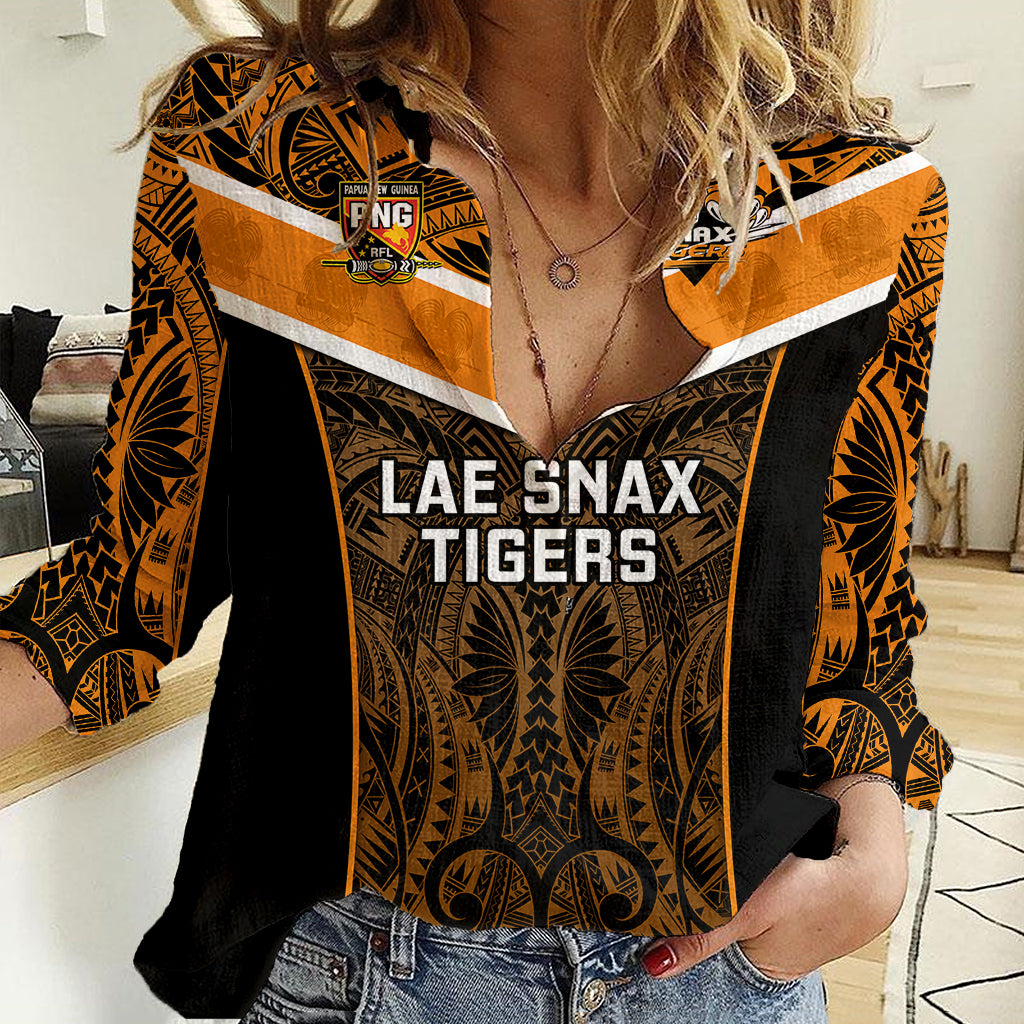 Custom Papua New Guinea Rugby Women Casual Shirt Lae Snax Tigers PNG Polynesian Pattern - Wonder Print Shop