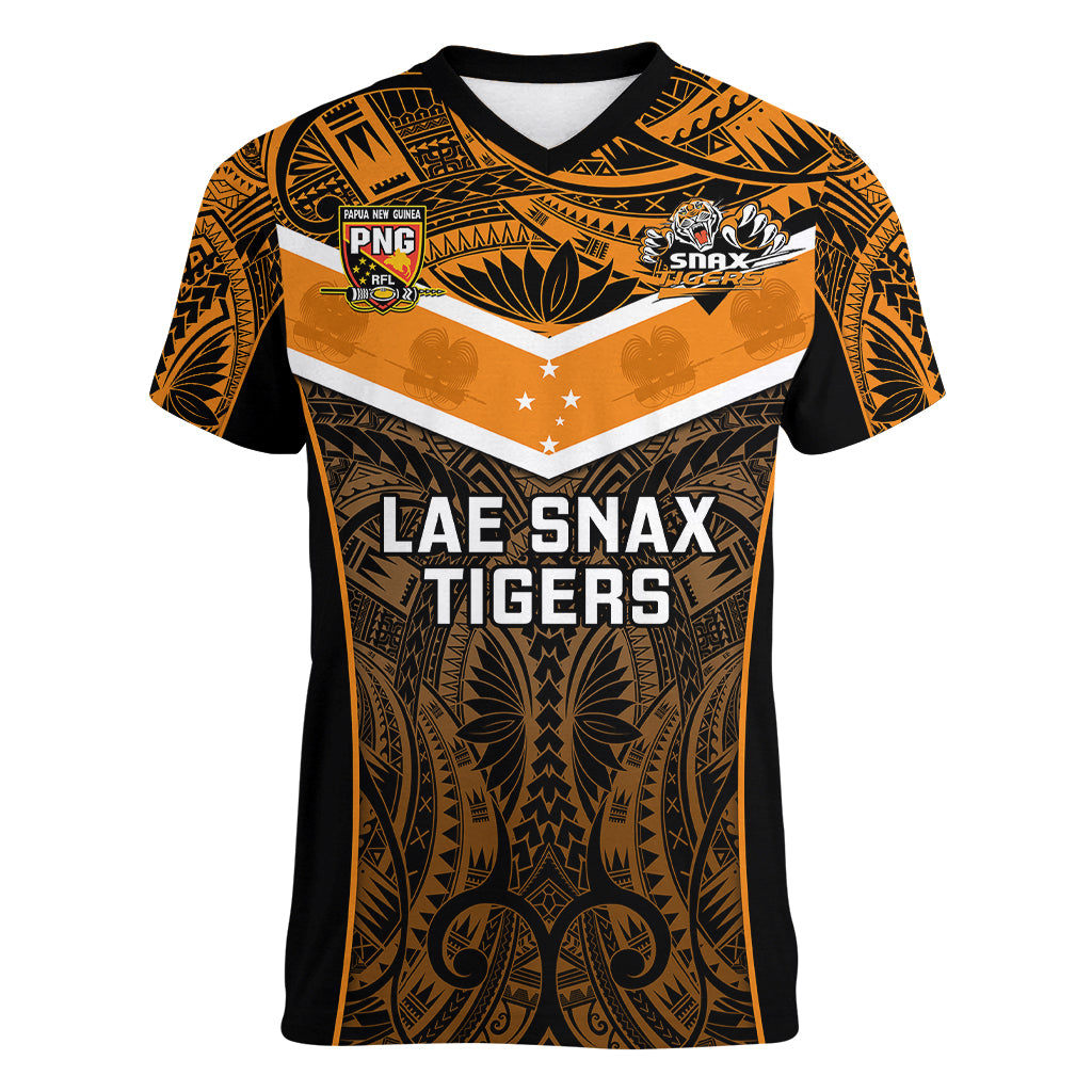 Custom Papua New Guinea Rugby Women V Neck T Shirt Lae Snax Tigers PNG Polynesian Pattern - Wonder Print Shop