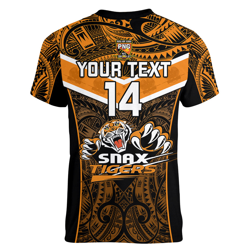 Custom Papua New Guinea Rugby Women V Neck T Shirt Lae Snax Tigers PNG Polynesian Pattern - Wonder Print Shop