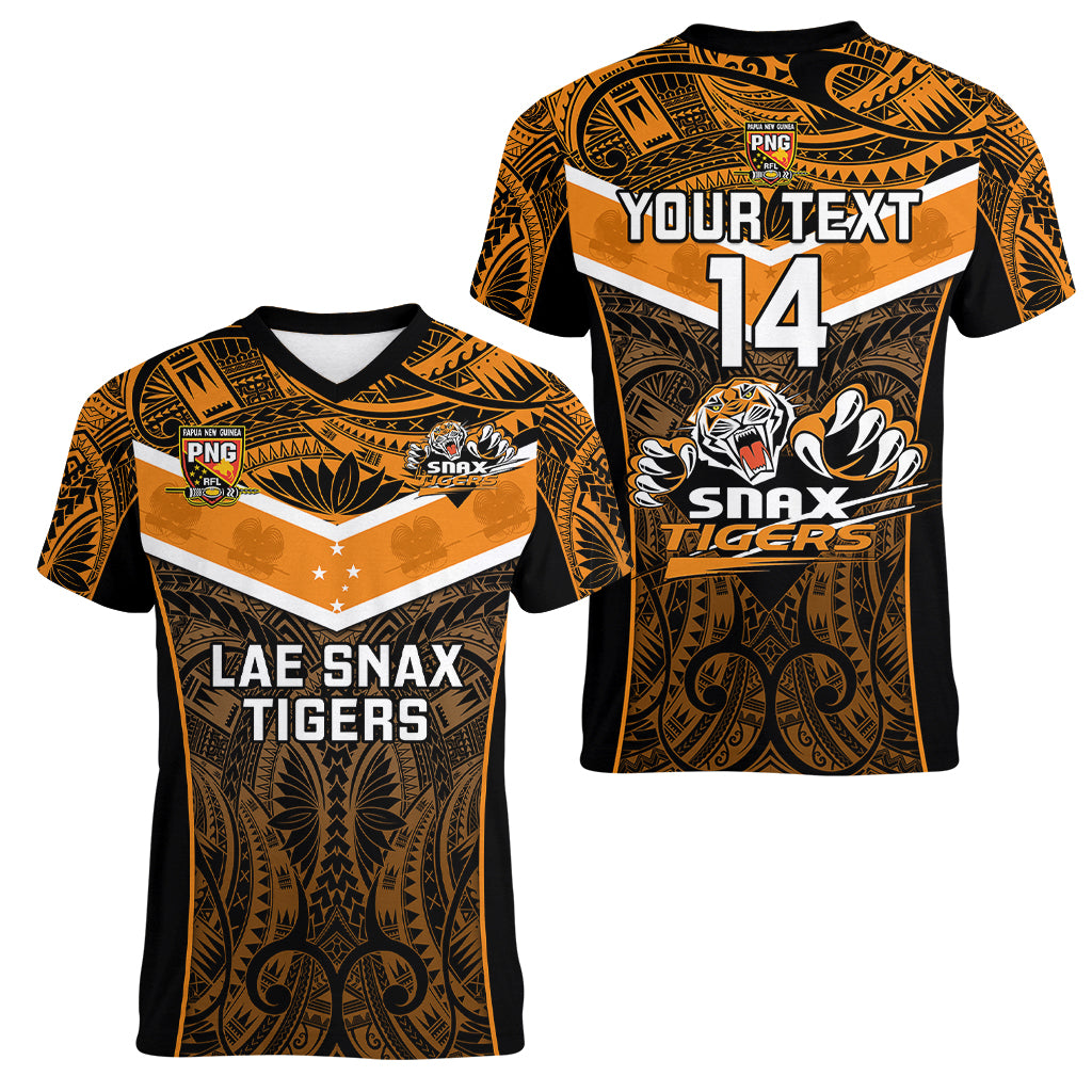 Custom Papua New Guinea Rugby Women V Neck T Shirt Lae Snax Tigers PNG Polynesian Pattern - Wonder Print Shop