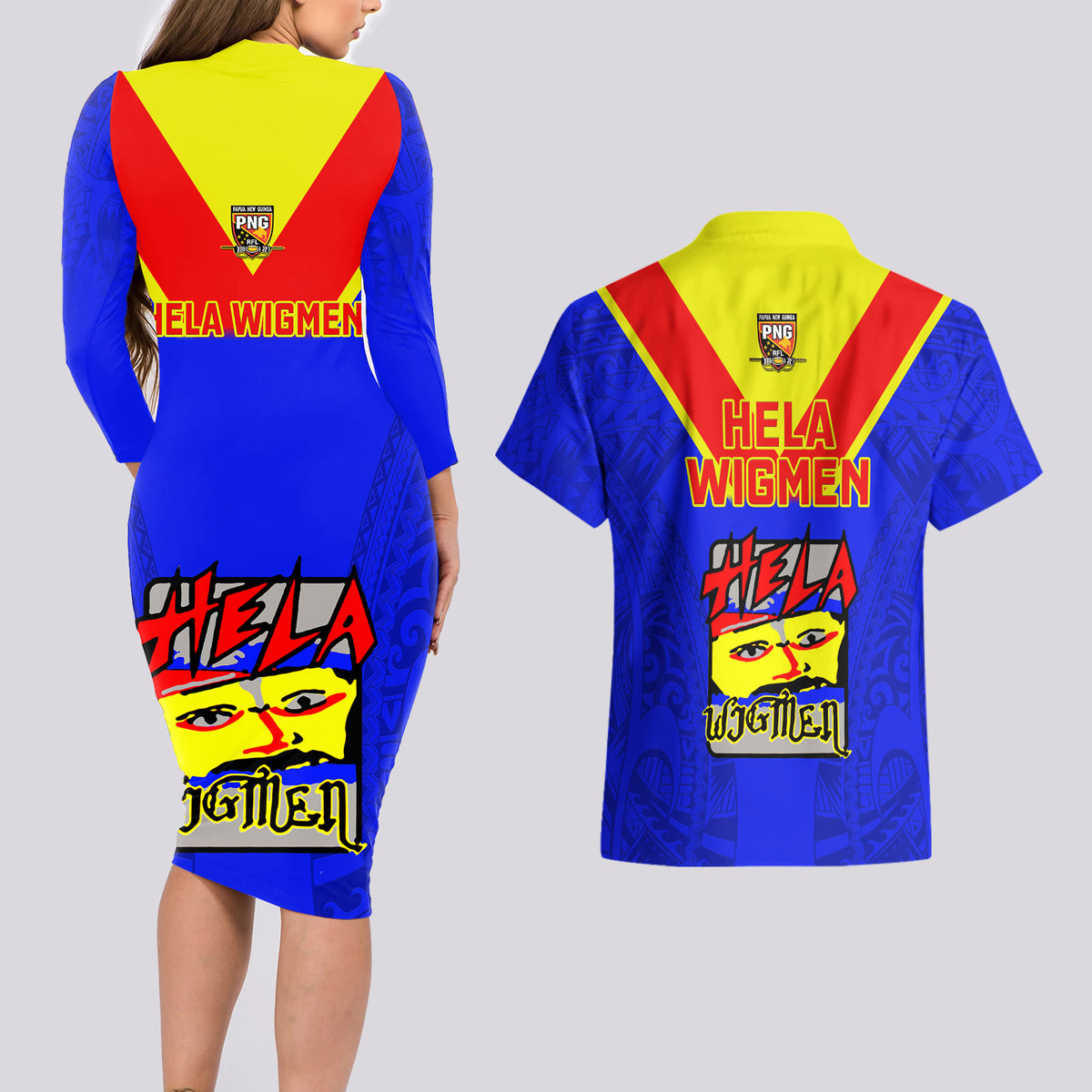 Papua New Guinea Rugby Couples Matching Long Sleeve Bodycon Dress and Hawaiian Shirt Hela Wigmen PNG Polynesian Pattern - Wonder Print Shop