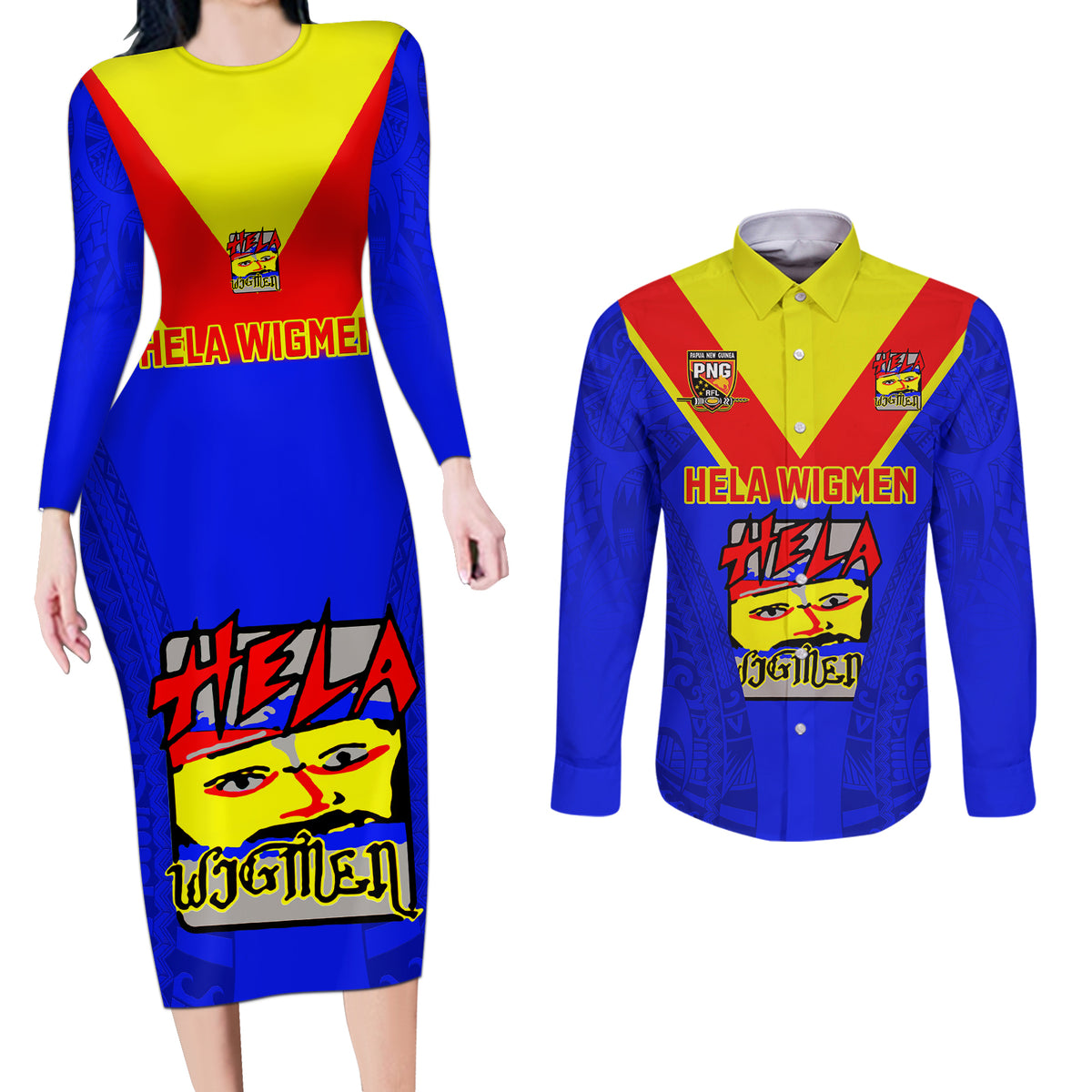 Papua New Guinea Rugby Couples Matching Long Sleeve Bodycon Dress and Long Sleeve Button Shirts Hela Wigmen PNG Polynesian Pattern - Wonder Print Shop