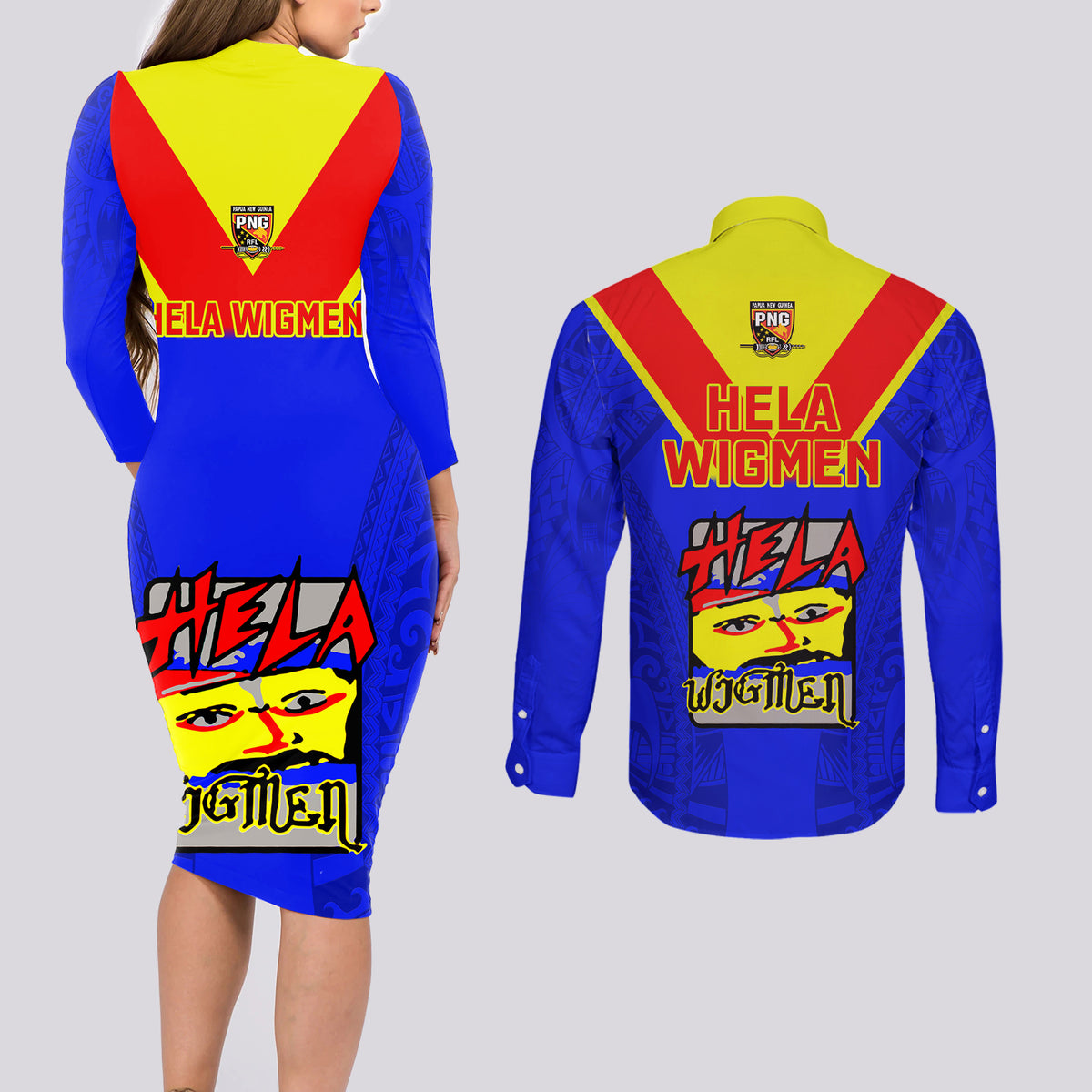 Papua New Guinea Rugby Couples Matching Long Sleeve Bodycon Dress and Long Sleeve Button Shirts Hela Wigmen PNG Polynesian Pattern - Wonder Print Shop