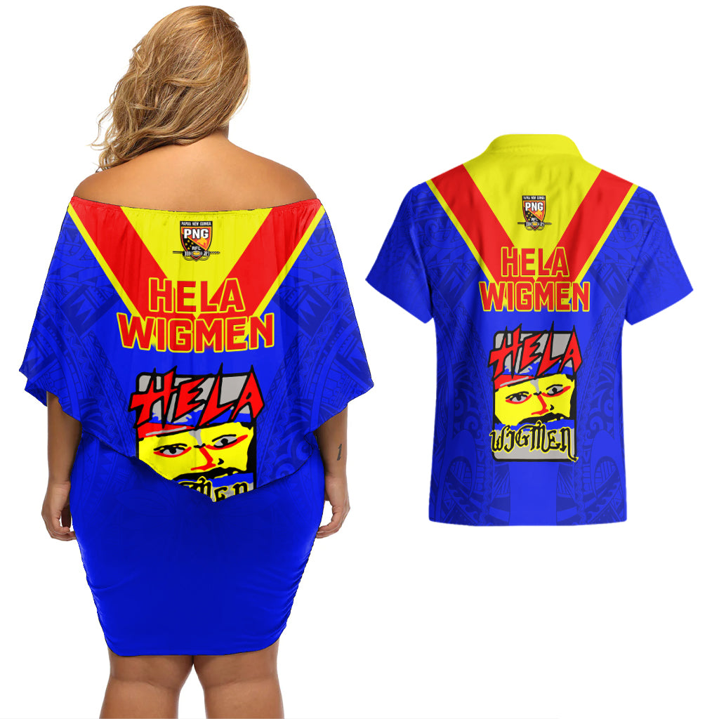 Papua New Guinea Rugby Couples Matching Off Shoulder Short Dress and Hawaiian Shirt Hela Wigmen PNG Polynesian Pattern - Wonder Print Shop