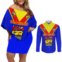 Papua New Guinea Rugby Couples Matching Off Shoulder Short Dress and Long Sleeve Button Shirts Hela Wigmen PNG Polynesian Pattern - Wonder Print Shop