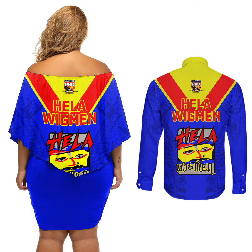 Papua New Guinea Rugby Couples Matching Off Shoulder Short Dress and Long Sleeve Button Shirts Hela Wigmen PNG Polynesian Pattern - Wonder Print Shop