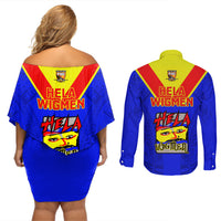 Papua New Guinea Rugby Couples Matching Off Shoulder Short Dress and Long Sleeve Button Shirts Hela Wigmen PNG Polynesian Pattern - Wonder Print Shop