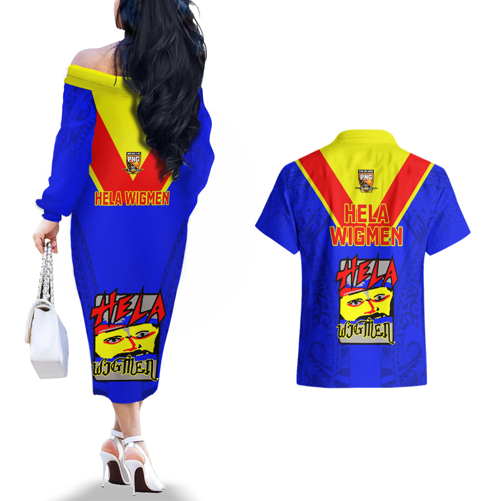 Papua New Guinea Rugby Couples Matching Off The Shoulder Long Sleeve Dress and Hawaiian Shirt Hela Wigmen PNG Polynesian Pattern - Wonder Print Shop