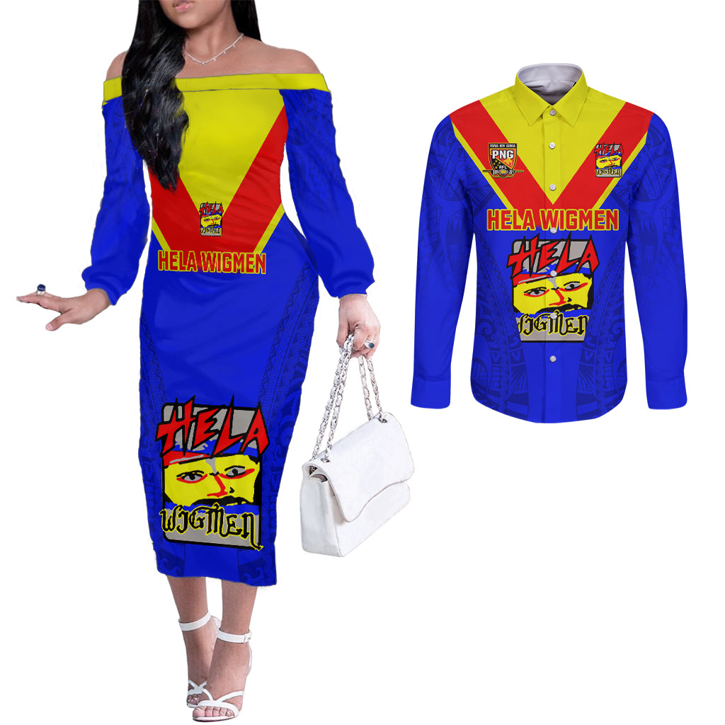 papua-new-guinea-rugby-couples-matching-off-the-shoulder-long-sleeve-dress-and-long-sleeve-button-shirts-hela-wigmen-png-polynesian-pattern