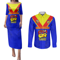 Papua New Guinea Rugby Couples Matching Puletasi Dress and Long Sleeve Button Shirts Hela Wigmen PNG Polynesian Pattern - Wonder Print Shop