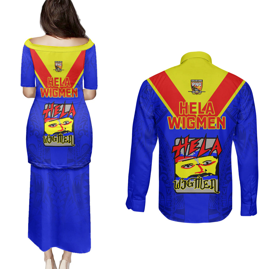 Papua New Guinea Rugby Couples Matching Puletasi Dress and Long Sleeve Button Shirts Hela Wigmen PNG Polynesian Pattern - Wonder Print Shop