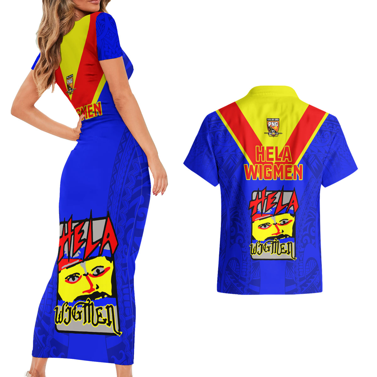 Papua New Guinea Rugby Couples Matching Short Sleeve Bodycon Dress and Hawaiian Shirt Hela Wigmen PNG Polynesian Pattern - Wonder Print Shop