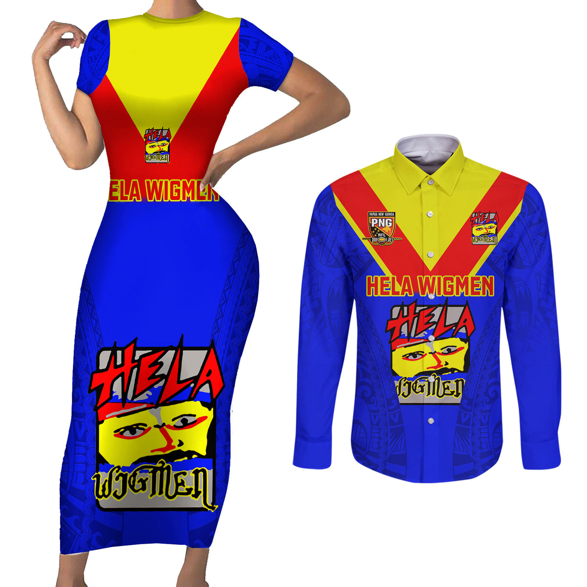 Papua New Guinea Rugby Couples Matching Short Sleeve Bodycon Dress and Long Sleeve Button Shirts Hela Wigmen PNG Polynesian Pattern - Wonder Print Shop