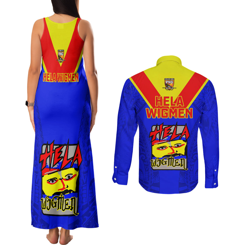 Papua New Guinea Rugby Couples Matching Tank Maxi Dress and Long Sleeve Button Shirts Hela Wigmen PNG Polynesian Pattern - Wonder Print Shop