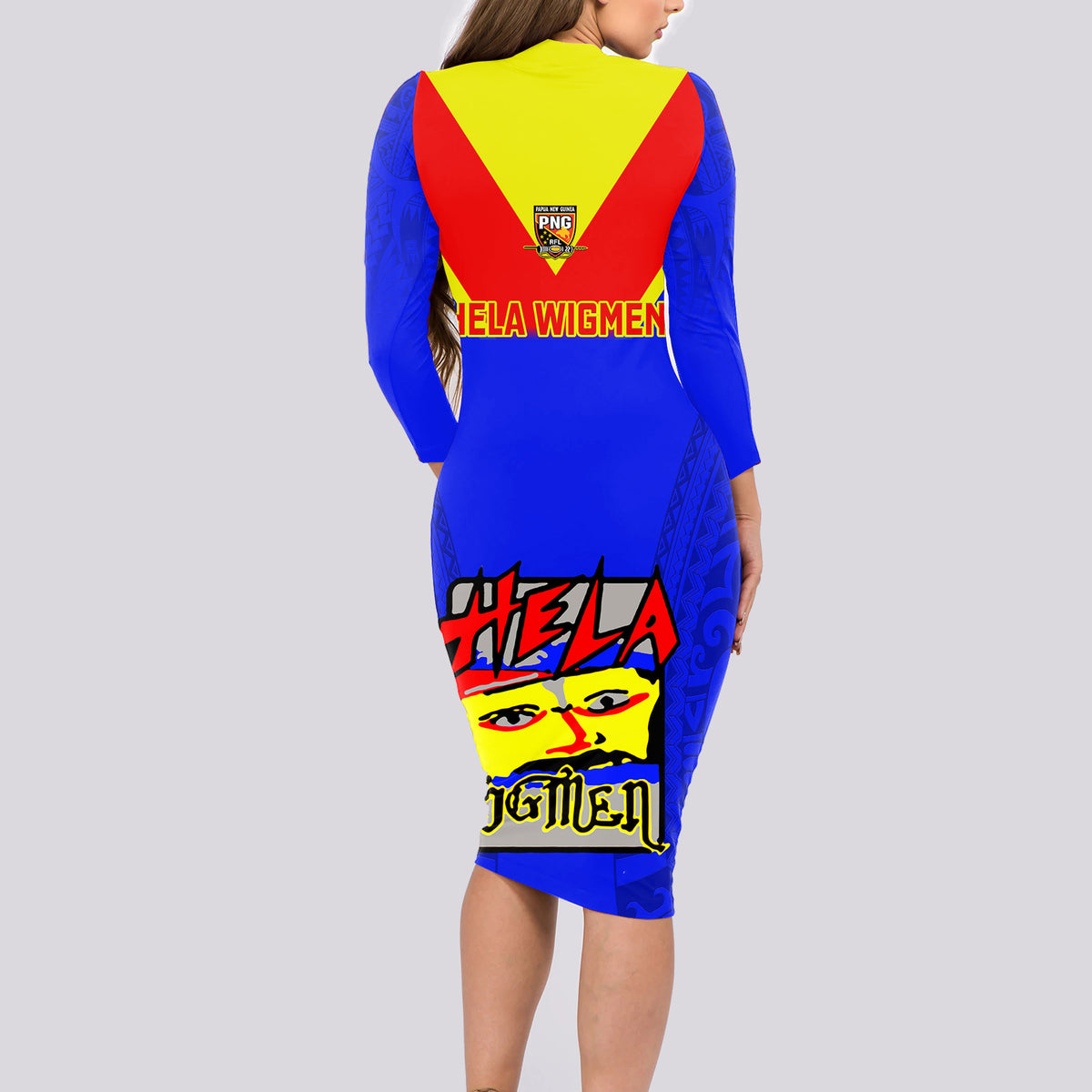 Papua New Guinea Rugby Long Sleeve Bodycon Dress Hela Wigmen PNG Polynesian Pattern - Wonder Print Shop