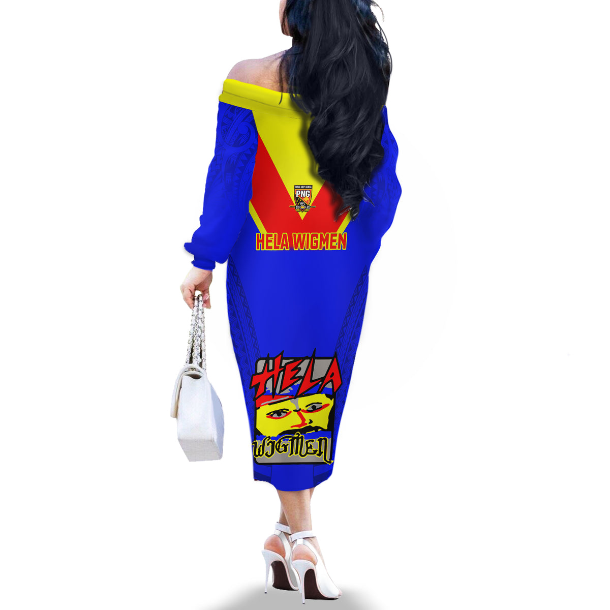 Papua New Guinea Rugby Off The Shoulder Long Sleeve Dress Hela Wigmen PNG Polynesian Pattern - Wonder Print Shop