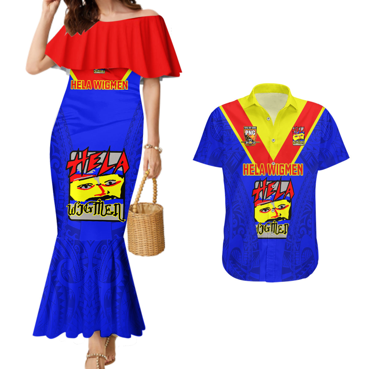 Custom Papua New Guinea Rugby Couples Matching Mermaid Dress And Hawaiian Shirt Hela Wigmen PNG Polynesian Pattern - Wonder Print Shop