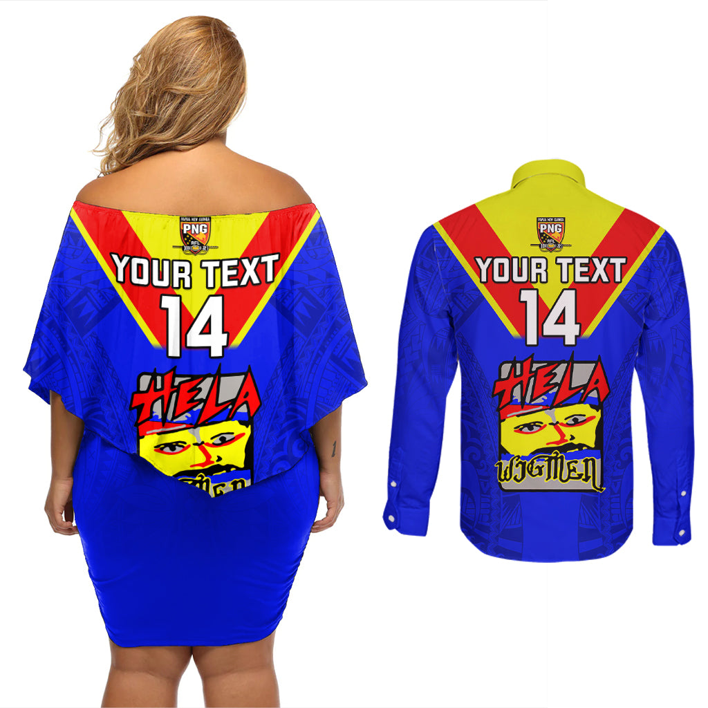 Custom Papua New Guinea Rugby Couples Matching Off Shoulder Short Dress and Long Sleeve Button Shirts Hela Wigmen PNG Polynesian Pattern - Wonder Print Shop