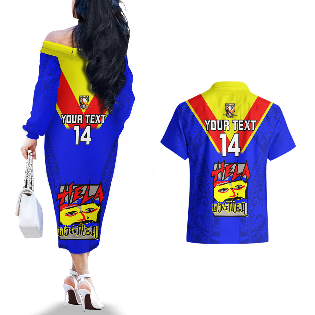 Custom Papua New Guinea Rugby Couples Matching Off The Shoulder Long Sleeve Dress and Hawaiian Shirt Hela Wigmen PNG Polynesian Pattern - Wonder Print Shop