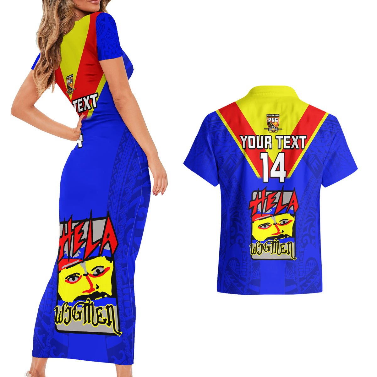 Custom Papua New Guinea Rugby Couples Matching Short Sleeve Bodycon Dress and Hawaiian Shirt Hela Wigmen PNG Polynesian Pattern - Wonder Print Shop