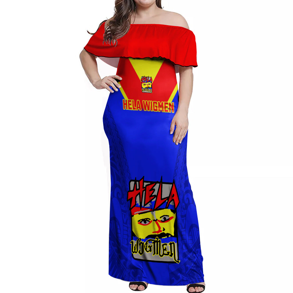 Custom Papua New Guinea Rugby Off Shoulder Maxi Dress Hela Wigmen PNG Polynesian Pattern - Wonder Print Shop