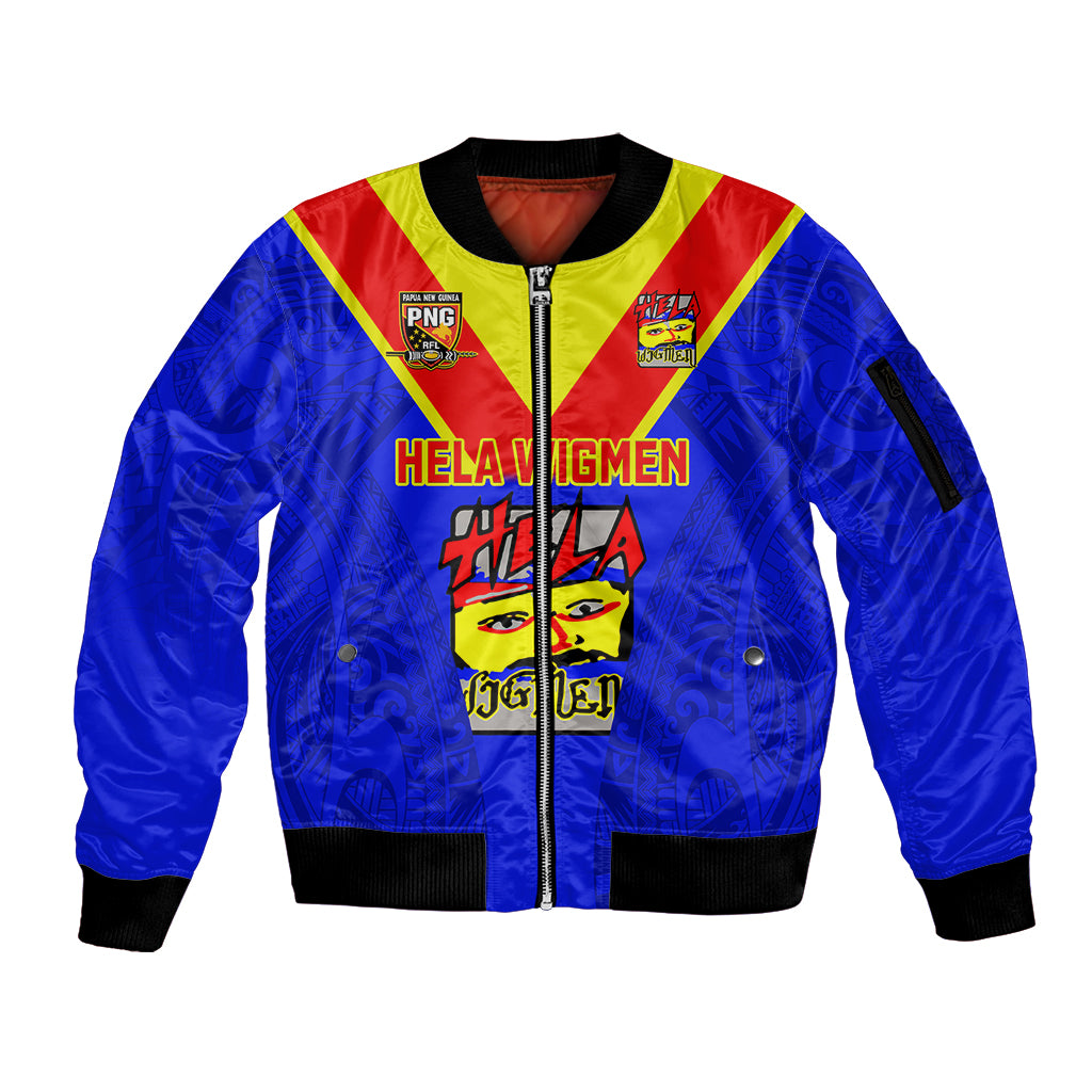 Custom Papua New Guinea Rugby Sleeve Zip Bomber Jacket Hela Wigmen PNG Polynesian Pattern - Wonder Print Shop