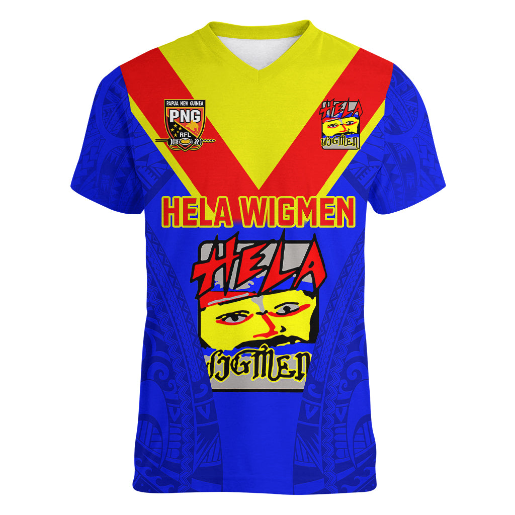 Custom Papua New Guinea Rugby Women V Neck T Shirt Hela Wigmen PNG Polynesian Pattern - Wonder Print Shop