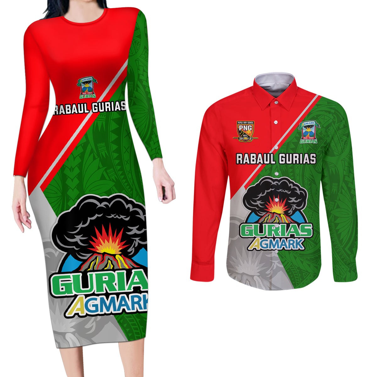 Papua New Guinea Rugby Couples Matching Long Sleeve Bodycon Dress and Long Sleeve Button Shirts Rabaul Gurias PNG Polynesian Pattern - Wonder Print Shop