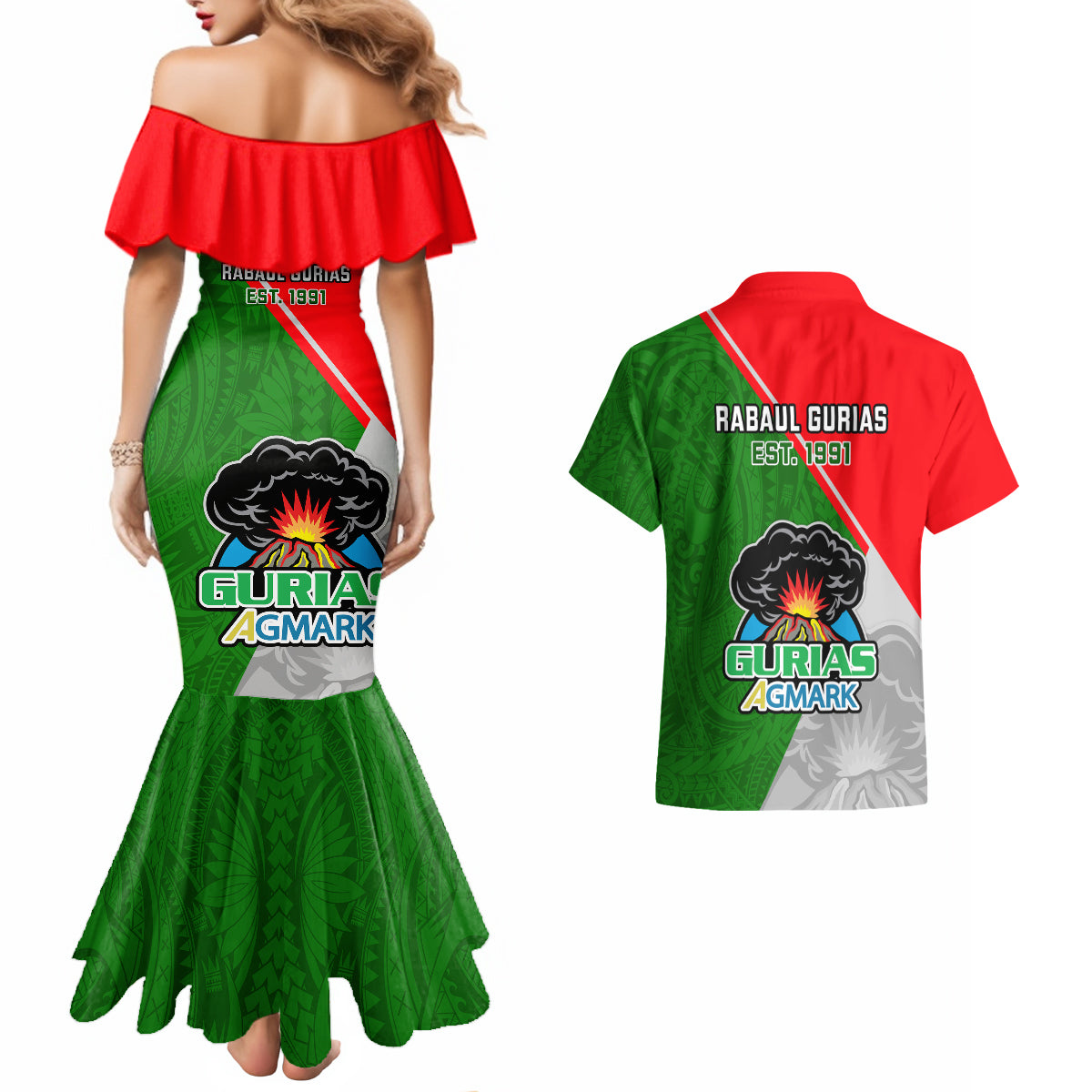 Papua New Guinea Rugby Couples Matching Mermaid Dress And Hawaiian Shirt Rabaul Gurias PNG Polynesian Pattern - Wonder Print Shop