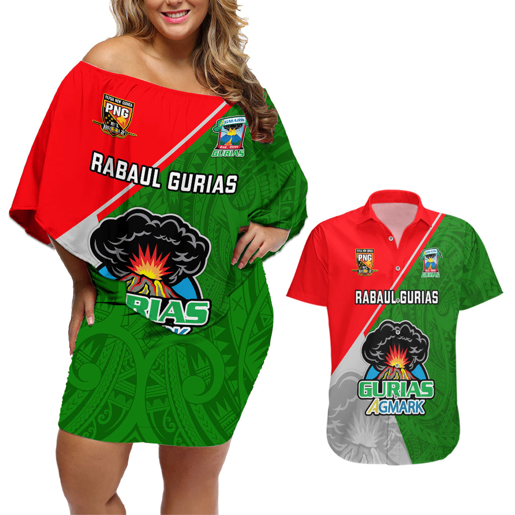Papua New Guinea Rugby Couples Matching Off Shoulder Short Dress and Hawaiian Shirt Rabaul Gurias PNG Polynesian Pattern - Wonder Print Shop