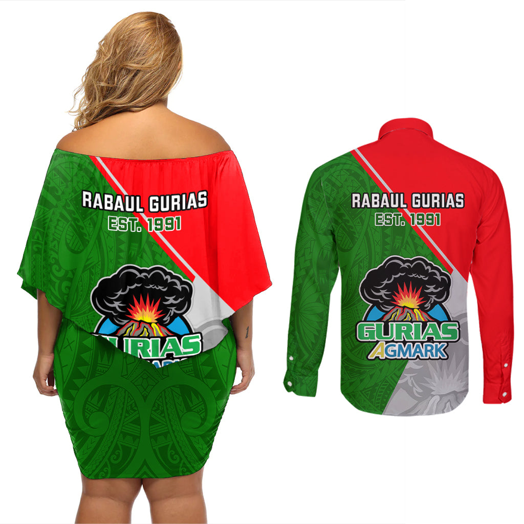 Papua New Guinea Rugby Couples Matching Off Shoulder Short Dress and Long Sleeve Button Shirts Rabaul Gurias PNG Polynesian Pattern - Wonder Print Shop
