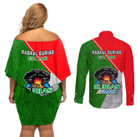Papua New Guinea Rugby Couples Matching Off Shoulder Short Dress and Long Sleeve Button Shirts Rabaul Gurias PNG Polynesian Pattern - Wonder Print Shop
