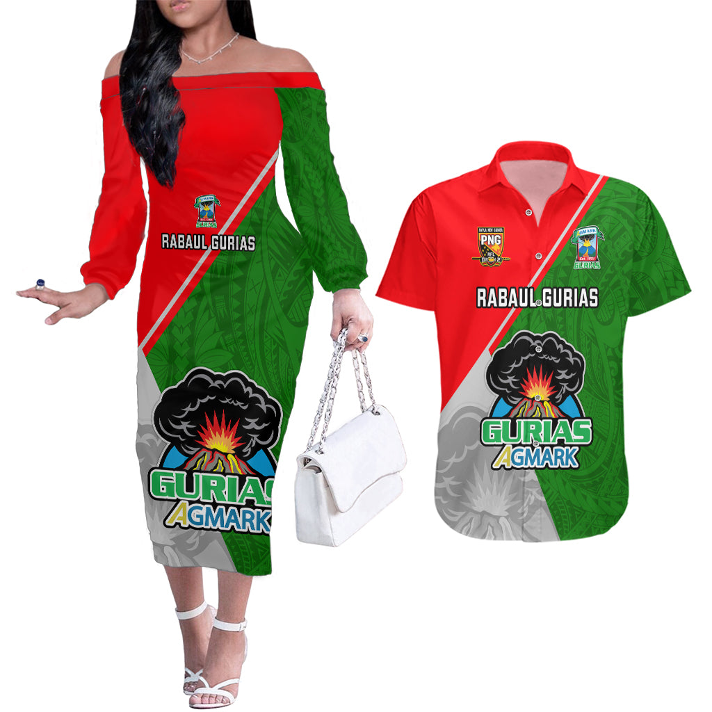 Papua New Guinea Rugby Couples Matching Off The Shoulder Long Sleeve Dress and Hawaiian Shirt Rabaul Gurias PNG Polynesian Pattern - Wonder Print Shop