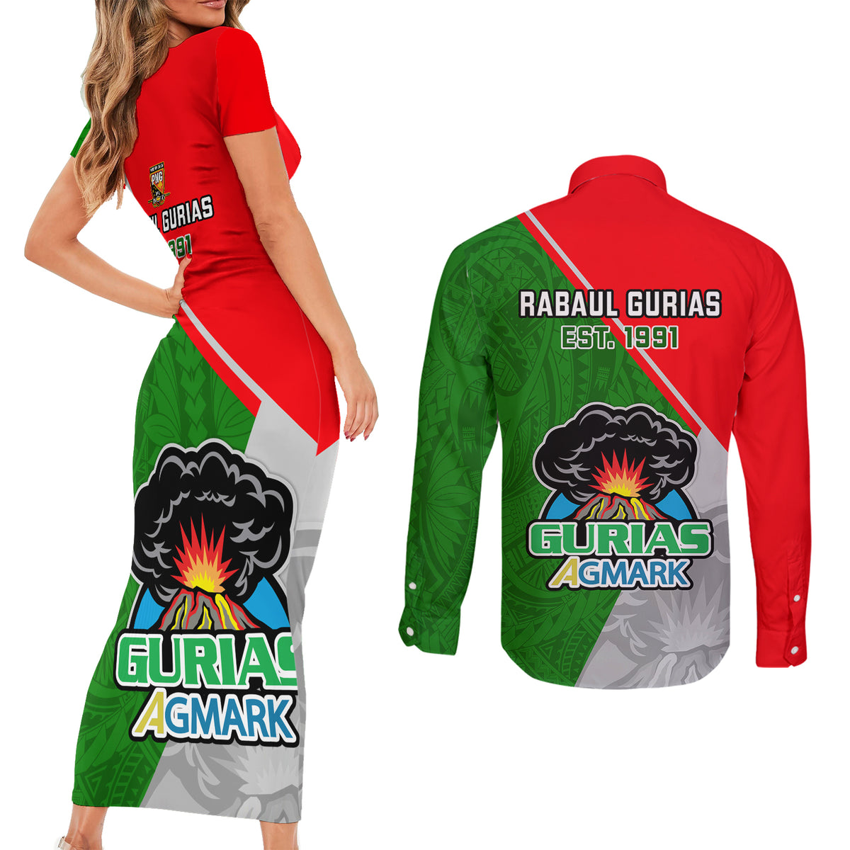 Papua New Guinea Rugby Couples Matching Short Sleeve Bodycon Dress and Long Sleeve Button Shirts Rabaul Gurias PNG Polynesian Pattern - Wonder Print Shop