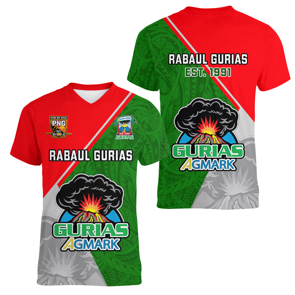 Papua New Guinea Rugby Women V Neck T Shirt Rabaul Gurias PNG Polynesian Pattern - Wonder Print Shop