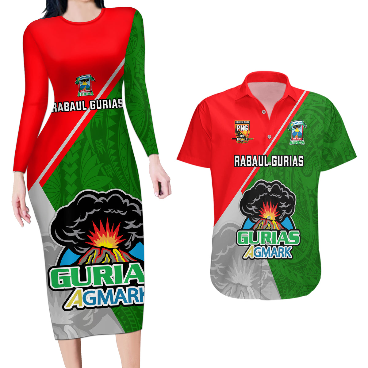 Custom Papua New Guinea Rugby Couples Matching Long Sleeve Bodycon Dress and Hawaiian Shirt Rabaul Gurias PNG Polynesian Pattern - Wonder Print Shop