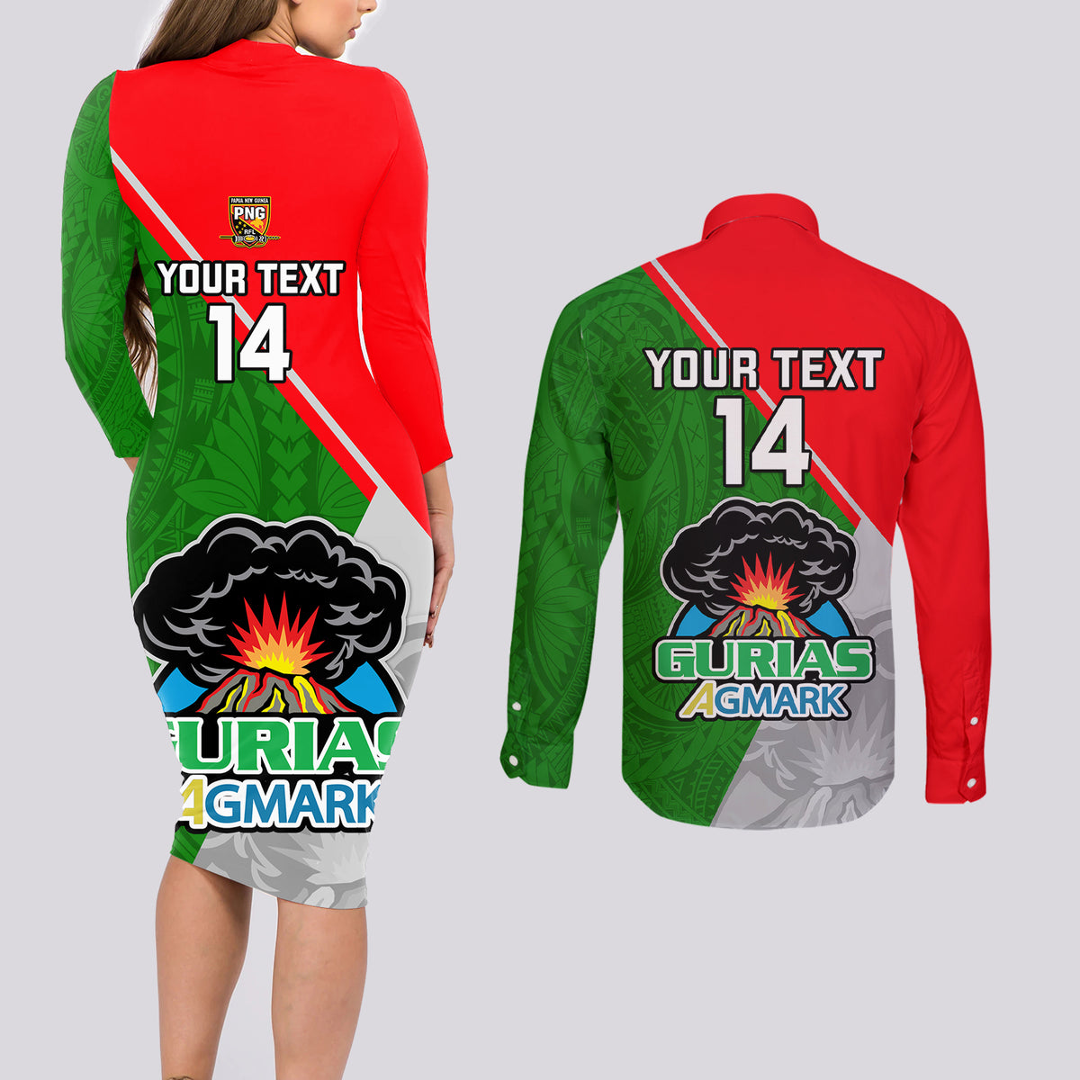 Custom Papua New Guinea Rugby Couples Matching Long Sleeve Bodycon Dress and Long Sleeve Button Shirts Rabaul Gurias PNG Polynesian Pattern - Wonder Print Shop