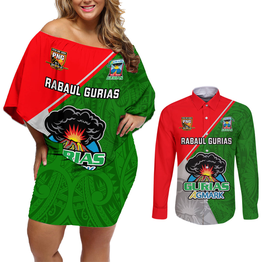 Custom Papua New Guinea Rugby Couples Matching Off Shoulder Short Dress and Long Sleeve Button Shirts Rabaul Gurias PNG Polynesian Pattern - Wonder Print Shop