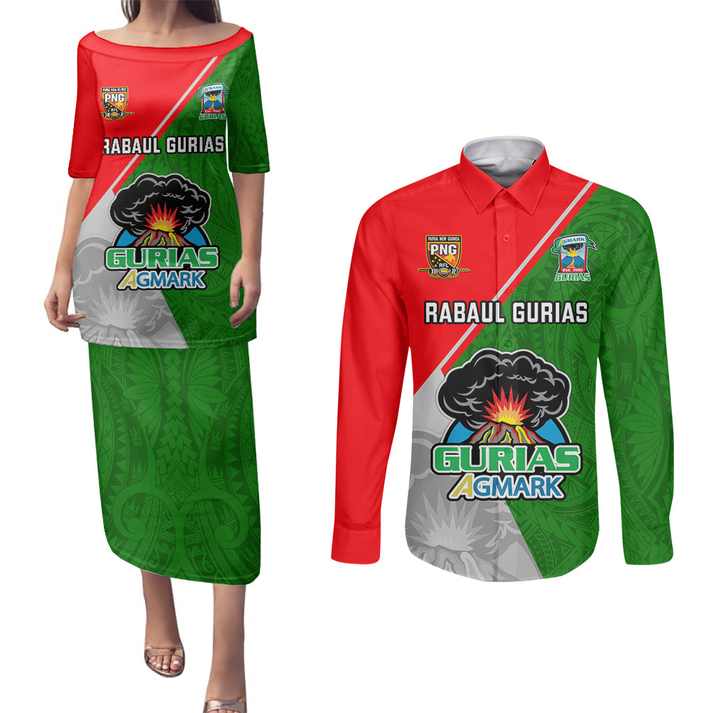 Custom Papua New Guinea Rugby Couples Matching Puletasi Dress and Long Sleeve Button Shirts Rabaul Gurias PNG Polynesian Pattern - Wonder Print Shop