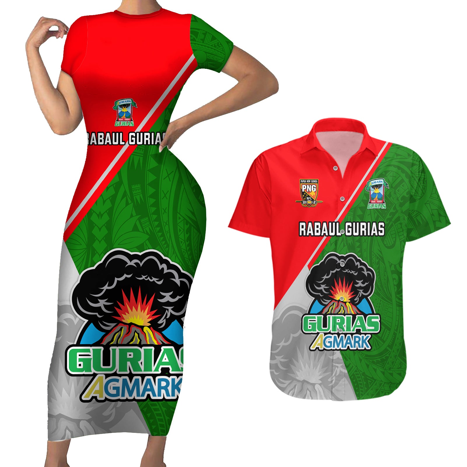 Custom Papua New Guinea Rugby Couples Matching Short Sleeve Bodycon Dress and Hawaiian Shirt Rabaul Gurias PNG Polynesian Pattern - Wonder Print Shop
